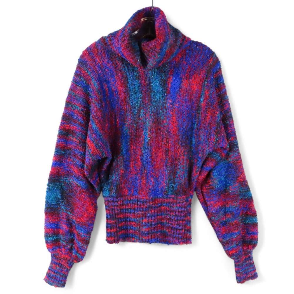 VTG True Blue Palomar COWL NECK SWEATER Balloon Sleeves RED/BLUE/PURPLE MIX sz L